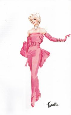 a drawing of a woman in a pink dress