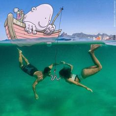 two people are in the water with a boat and an image of a hippo