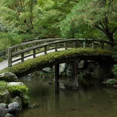 a bridge over a small pond surrounded by trees and rocks with moss growing on it