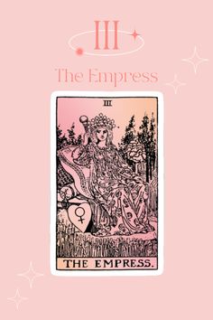 the emperor tarot card in pink with stars around it and an image of a woman sitting