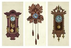 three clocks with different designs on them, one is brown and the other is blue