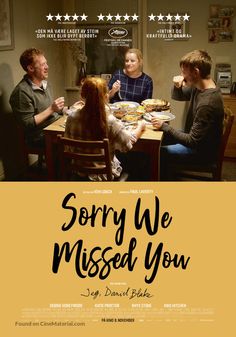 the movie poster for sorry we missed you, with four people sitting at a table