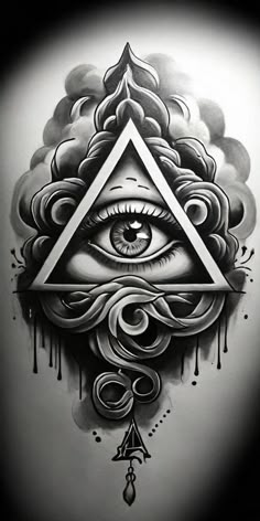 an all seeing eye tattoo design on the side of a woman's face with clouds and