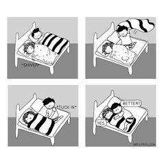 four cartoon images depicting people sleeping in bed with the caption's sayings