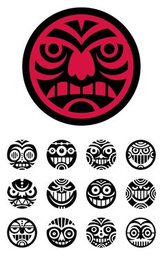 an image of different faces in the style of tiki mask on a white background