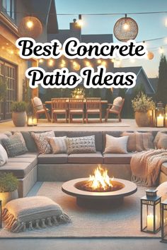 an outdoor patio with lights and pillows on the couches is featured for best concrete patio ideas