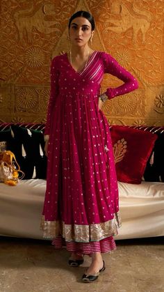 Anarkali With Sharara, Angrakha Style Anarkali, Gotapatti Work, Gota Embroidery, Angrakha Style, Rani Pink, Anarkali Dress Pattern