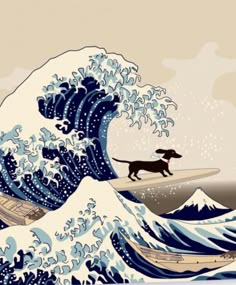 a dog is standing on top of a surfboard in front of an ocean wave