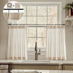 a kitchen window with curtains and a sink in front of the window, next to a potted plant