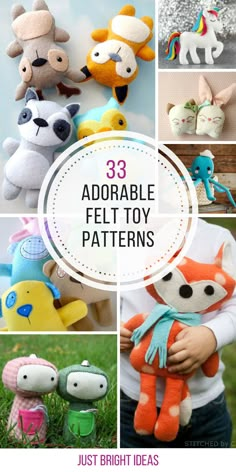 there are many different stuffed animals in this collage with the words 31 adorable felt toy patterns