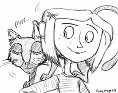 a drawing of a girl with a cat on her shoulder and the caption purr