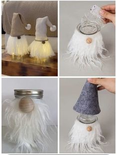 four different pictures showing how to make an old fashioned wizard's hat with feathers