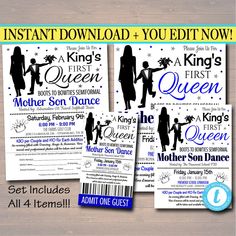 the king and queen baby shower or birthday party set includes tickets, games, and more