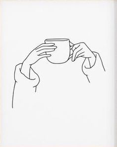 a black and white drawing of a person holding a coffee cup in their right hand