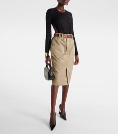 Cotton gabardine pencil skirt in beige - Saint Laurent | Mytheresa Cotton Pencil Skirt, Double Belt, Spring Knits, Spring Bags, Fall Coat, Slingback Pump, Designing Women, Clothing And Shoes, Dress Skirt