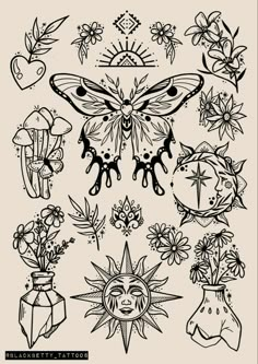 an ink drawing of flowers and butterflies in vases