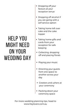 Wedding Day Tasks you won't want to handle yourself Wedding Jobs List For Family, Wedding Roles List, Wedding Day To Do List, Wedding Brainstorming, Wedding To Do List, Wedding Roles, Wedding Services, Future Wedding Plans, Cute Wedding Ideas