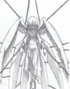 a drawing of an angel with wings and chains around its body, standing on the ground