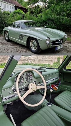 the interior and dashboard of an old mercedes 300sl coupe car, both in green