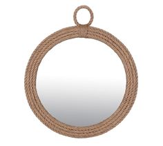 a round mirror with rope hanging from it's sides, on a white background