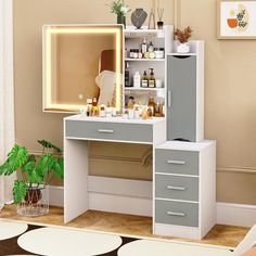 a white desk with drawers and shelves filled with bottles, candles, and other personal care items