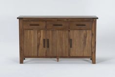 the sideboard is made out of wood and has two doors on one side, with three