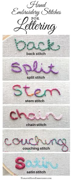 embroidery stitches for letters and numbers are shown in different colors, sizes, and shapes