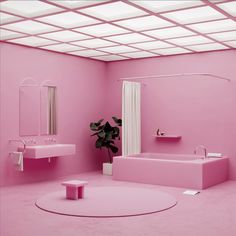 a bathroom with pink walls and flooring has a plant in the corner next to the bathtub