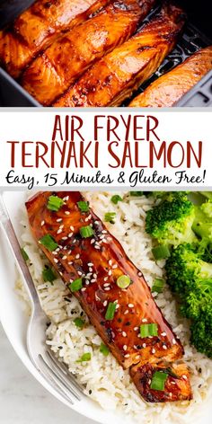 air fryer teriyaki salmon with rice and broccoli on the side