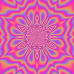 an abstract flower design in pink, blue and orange colors with a large circular center