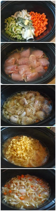 four images show different types of food being cooked in the same pans, including chicken and noodles