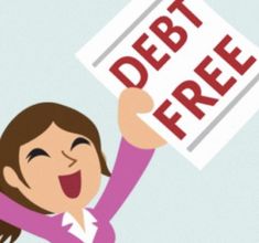 a woman holding up a sign that says debt free