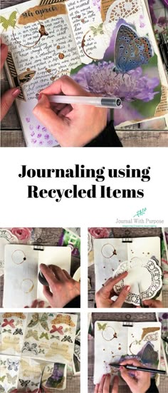 the process for making journals using recycled items is shown in this collage with text overlays