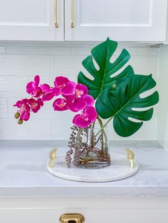 a plant in a glass vase on top of a marble counter with gold handles and white cabinets