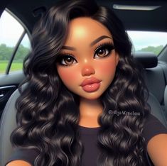 a digital painting of a woman sitting in a car with long black hair and brown eyes