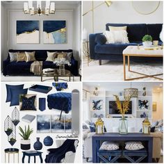 blue and gold living room decorating with pictures on the wall, couches, tables and chairs