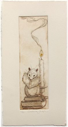 an ink drawing of a mouse reading a book with a lit candle in the background