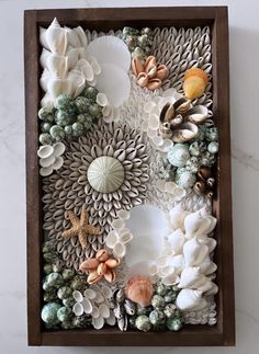 a wooden box filled with sea shells and seashells