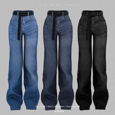 three pairs of jeans are shown in four different colors