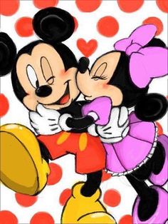 mickey and minnie kissing in front of hearts