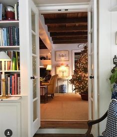 an open door leading to a living room with a christmas tree in the corner and bookshelves