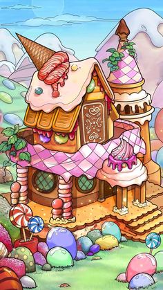 an image of a cartoon house surrounded by candy land