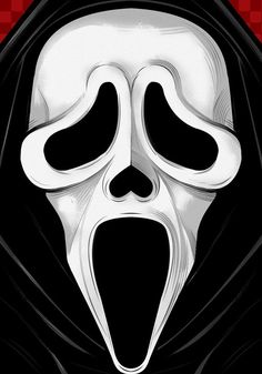 a black and white image of a scream mask with red checkered wallpaper in the background