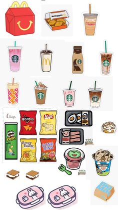 an assortment of different foods and drinks on a white background with the words starbucks written below them