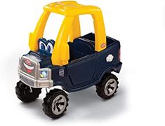 a toy truck with two wheels and a face on the front is blue and yellow