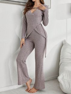 Women's Heart Chain V-Neck Asymmetric Design Loungewear Set Mauve Purple Casual-Woman    Plain Pant Sets Medium Stretch All Women Sleep & Lounge, size features are:Bust: ,Length: ,Sleeve Length: Womens Loungewear Sets, Plain Pants, Tie Waist Pants, Lounge Outfit, House Clothes, Mauve Purple, Heart Chain, Drop Shoulder Sweaters, Pant Sets