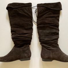 Fabulous Ruched Suede Boots In A Beautiful Chocolate Brown Suede! Rounded Toe, Flat Heel, To The Knee, Pull On Style Can Be Pulled Up Higher To Go Over The Knee Perfect Lace Detail At The Top Back 19 1/2 Inches High Sizse 8 M Brand New, Never Worn! They Have Been Stored Very Carefully In A Smoke-Free Home Suede Flat Boots, Beautiful Chocolate, Suede Flats, Flat Boots, Lace Boots, Suede Boots, Brown Suede, 8 M, Over The Knee Boots