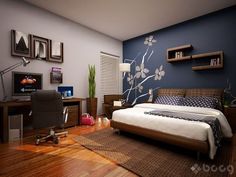 a bedroom with blue walls and wooden floors