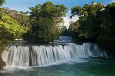 the waterfall is surrounded by trees and water