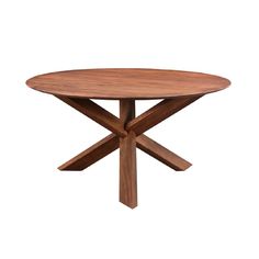 a round wooden table with four crossed legs